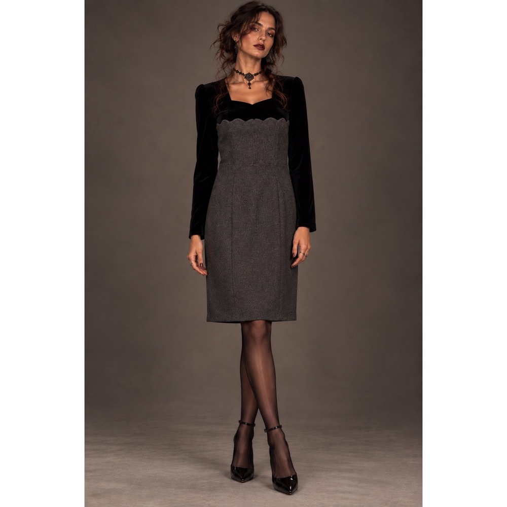 Carolyne Barton Vintage Wool Velvet Scallop Sheath Dress Grey Black 8 Witchcore